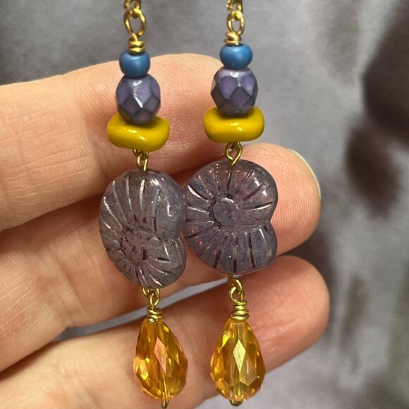 Ammonite Shell Dangle Earrings – Boho Ocean Inspired Earrings - Picture 2 of 4